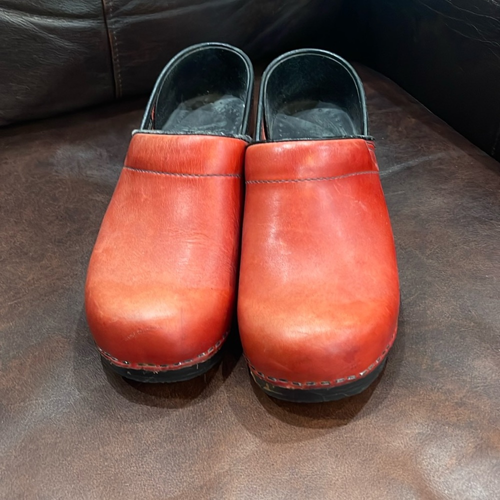 Used Dansko, Leather Stapled True Red Shoes